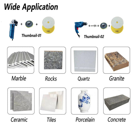 Image showing applications of the 4 Inch Dry And Wet Diamond Polishing Pad Kit for granite, marble, quartz, and other stones.