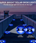 Eight Pack Solar Dock Lights For Driveways And Pathways, Waterproof Outdoor LED Aluminum Step Lights, on a deck at night, blue glow