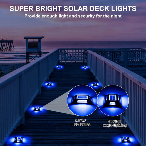 Eight Pack Solar Dock Lights For Driveways And Pathways, Waterproof Outdoor LED Aluminum Step Lights, on a deck at night, blue glow