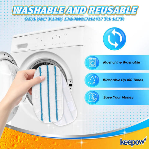 Hand placing Replacement Steam Mop Pads 8 Pack For PurSteam ThermaPro 10 In 1 and ThermaPro 211 into a washing machine
