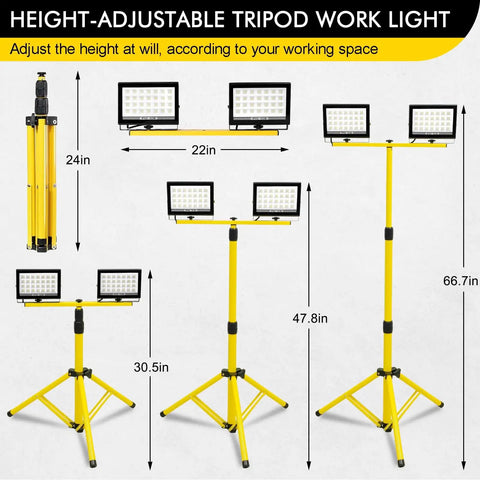 Two-Head LED Work Light With Adjustable Foldable Tripod Stand, 21000 Lumen Portable Flood Light For Outdoor Job Sites, Garage, Workshop And Construction, IP66 Waterproof shown with various height adjustments.