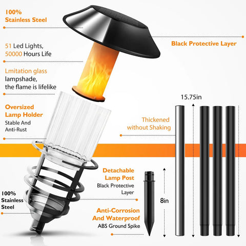 Exploded view of Extra Tall Solar Torch Lights 4 Pack showing stainless steel construction, flame, and components.