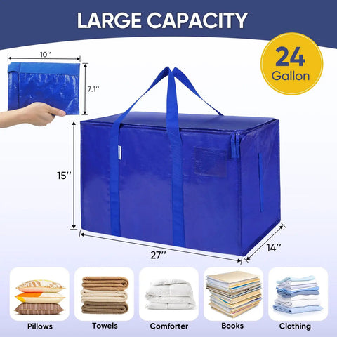 12 Pack Of Extra Large Heavy Duty Moving Bags With Zippers And Thick Handles showcasing blue waterproof storage bag dimensions and capacity