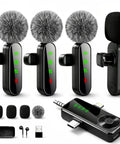 Four Pack Wireless Lavalier Microphones Kit For iPhone Android And Cameras with mini mics and accessories displayed