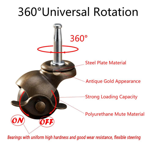 Heavy Duty 1.5 Inch Ball Casters With Secure Lock Brake Furniture Movers Set Of 4 Smooth Polyurethane Rollers demonstrating 360° rotation and antique gold design.