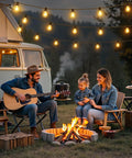 Family enjoying evening with outdoor solar string lights 25 ft with remote waterproof dimmable 3 modes patio lighting, camping scene.