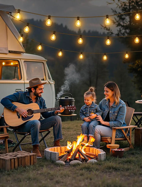 Family enjoying evening with outdoor solar string lights 25 ft with remote waterproof dimmable 3 modes patio lighting, camping scene.