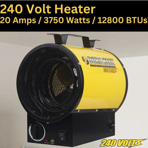 Yellow and black Heavy Duty 240V Electric Forced Air Heater for Garage and Workshop with wall or ceiling mount