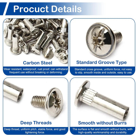 Ten Pack Furniture Joint Connector Bolts And Connecting Nut Sets With Sixteen Millimeter Sleeves showing carbon steel construction and standard groove type.