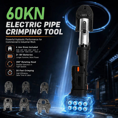 Heavy Duty 60Kn Electric Copper Crimping Tool 18V Brushless Motor Press Kit for Copper Pipe Fittings with 6 jaw sizes.
