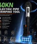 18V Cordless Electric Press Tool For Copper Pipe Crimping 60KN Output with rotating head and jaw sizes for efficient crimping.