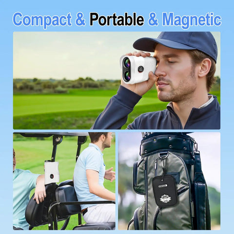 Golfer using Golf Rangefinder With Slope And Flag Lock 1200 Yards Laser Range Finder With 7X Magnification Rechargeable Battery Vibration Magnetic Mount White