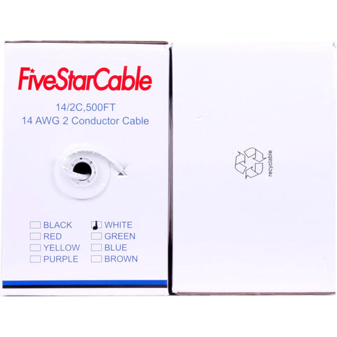FiveStarCable 14-2 500ft 2 Conductors 14 Guage Electrical Wire Pull Box Packaging in White for Lighting Circuits