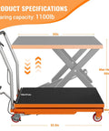 Heavy Duty Hydraulic Lift Table Cart With 1100 Lbs Load Capacity Scissor Lift Platform Workstation dimensions and specifications image.