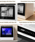 Compact Countertop Dishwasher With Six Wash Cycles And A Built In Five Liter Water Tank Needs Absolutely No Plumbing Hookups Fast Setup Delivers Top Tier Cleaning To Any Space Making Busy Routines An Absolute Breeze with blue LED light and touch control panel.