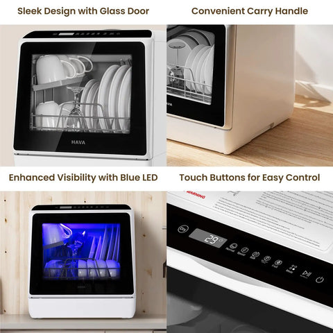 Compact Countertop Dishwasher With Six Wash Cycles And A Built In Five Liter Water Tank Needs Absolutely No Plumbing Hookups Fast Setup Delivers Top Tier Cleaning To Any Space Making Busy Routines An Absolute Breeze with blue LED light and touch control panel.