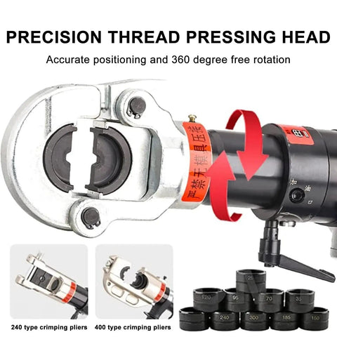 Beast Mode Heavy Duty 2200W Electric Hydraulic Pliers Automatic Cable Terminal Crimping Tool close-up of precision thread pressing head.