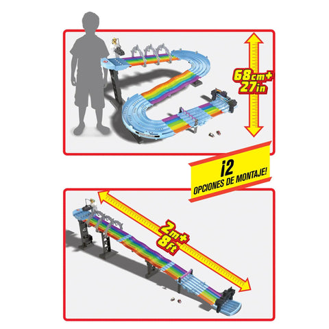 Hot Wheels Mario Kart Rainbow Road Raceway Track Set With Lights And Sounds Eight Foot Long Rainbow Course shown assembled