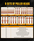 9 sets of puller heads for 55-In-1 Bearing Puller Set For Auto, Bike, And Industrial Repair with suitable bearing sizes listed