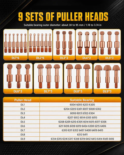 9 sets of puller heads for 55-In-1 Bearing Puller Set For Auto, Bike, And Industrial Repair with suitable bearing sizes listed