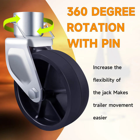 XIANGZI 6-inch trailer jack wheel with pin; close-up of black wheel mounted to a silver bracket.