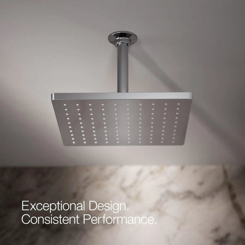 Honesty 10-Inch Rain Showerhead, Single Function, 2.5 GPM, Polished Chrome mounted on ceiling above marble wall