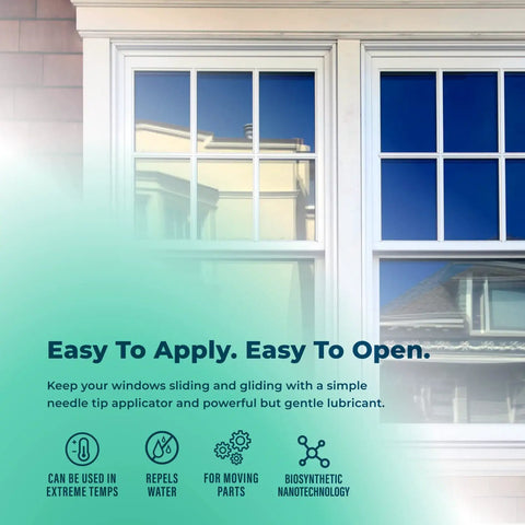Window with text highlighting lubricant benefits, suitable for moving parts, water-repellent, biosynthetic nanotechnology.