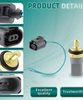 Premium Grade Engine Coolant Temp Sensor Replacement OEM 06A919501 showing wiring connector and sensor with gold tip.