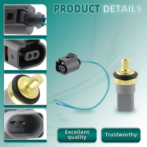 Premium Grade Engine Coolant Temp Sensor Replacement OEM 06A919501 showing wiring connector and sensor with gold tip.