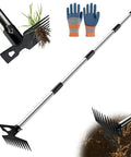 Long Reach 60 Inch Weed Puller Tool With Dual Sided 2 In 1 Weed Rake And Garden Hoe shown with gardening gloves and soil
