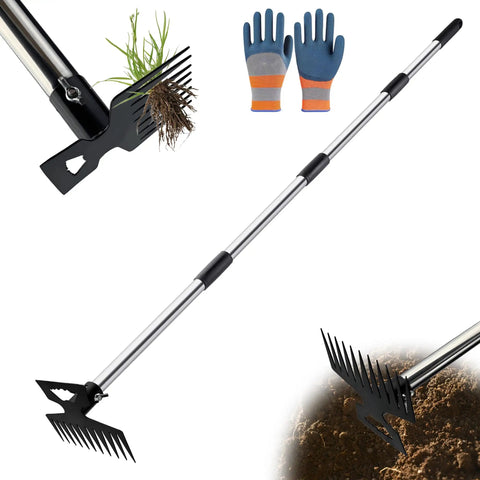 Long Reach 60 Inch Weed Puller Tool With Dual Sided 2 In 1 Weed Rake And Garden Hoe shown with gardening gloves and soil