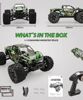 One Eighteenth Scale All Terrain RC Car With 4WD Power, High Speed Remote Control Truck, accessories and manual displayed