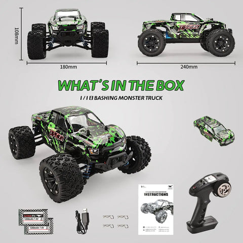 One Eighteenth Scale All Terrain RC Car With 4WD Power, High Speed Remote Control Truck, accessories and manual displayed