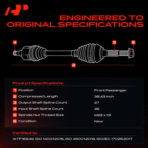 Ford Fusion Front Right CV Axle Shaft Assembly for 2013 to 2020 2.5L L4 models, front passenger side with axle nut included, specs shown.