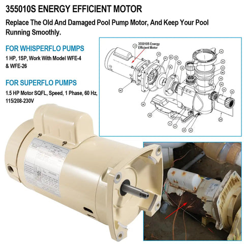 Energy Efficient 1 HP Pool Pump Motor Replacement For WhisperFlo WFE 4 WFE 26 And SuperFlo Pumps Square Flange 115 208 230 Volt
