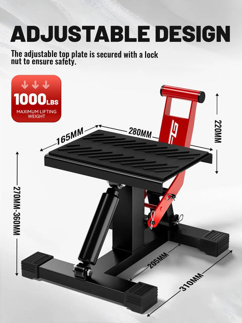 Heavy Duty Dirt Bike Stand With 1000 Lb Capacity Lift Jack Hoist Height Adjustable Table for dirt pit bike repair and maintenance.