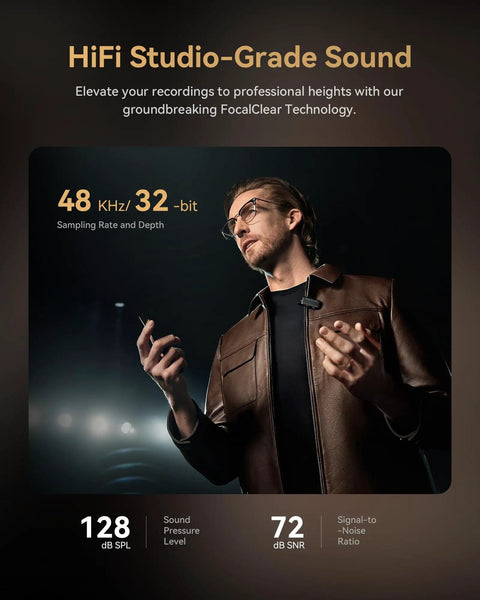 Man using Lark Max 2 Wireless Microphone System For iPhone And Cameras With AI Noise Cancel 32Bit Full Chain Audio Timecode.