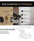 Installation guide for No Sweat Smart Keyless Entry Lock showing dimensions, no drilling, and reversible handle details.