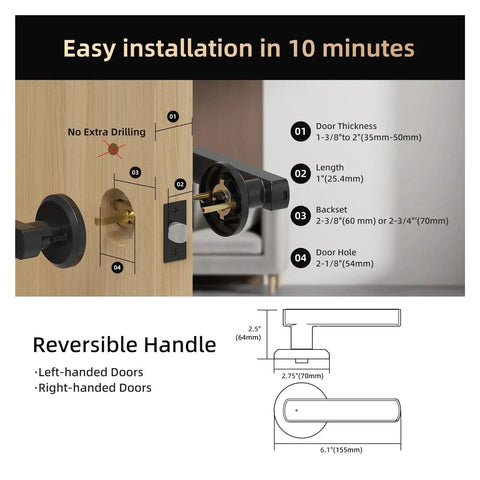 Installation guide for No Sweat Smart Keyless Entry Lock showing dimensions, no drilling, and reversible handle details.