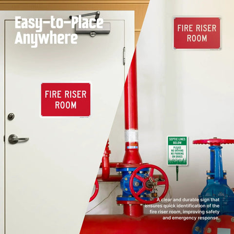 Fire Riser Room Aluminum Sign 7x10 Durable 40 Mil No Rust Heavy Duty Indoor Outdoor With Four Corner Mount Holes Easy Install And Built To Last Reliability displayed on door and wall.