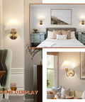 Scene display of Two Pack Battery Operated Wall Sconces With Pleated Shades, USB Rechargeable Gooseneck Gold Finish Vanity Lights