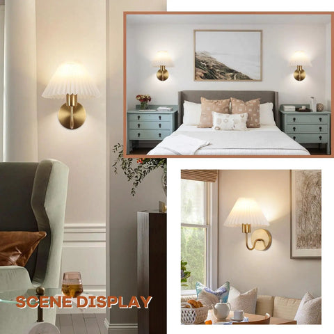 Scene display of Two Pack Battery Operated Wall Sconces With Pleated Shades, USB Rechargeable Gooseneck Gold Finish Vanity Lights