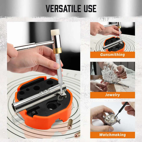 Versatile use of 22-Piece Punch and Hammer Set With Interchangeable Hammer Heads for gunsmithing, jewelry, and watchmaking repairs.