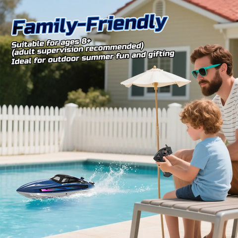 Father and son playing with Fast 15 MPH RC Boat For Pools And Lakes With 3 Speed Modes Dope LED Light Show Dual Batteries by a pool.