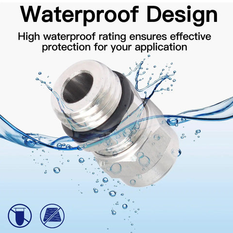Two Pack NPT Three Eighths Inch Waterproof Stainless Steel Cable Glands Adjustable Four To Eight Millimeter Range Weatherproof Wire Connector Joints For Outdoor Electrical Enclosures And Marine Installations with water splash
