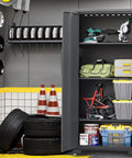 Nine Piece Steel Garage Cabinet Set With Locking Storage and Rolling Chest Includes Tall Cabinets Base Cabinets Wall Cabinets Four Drawer Cabinet on Casters for Easy Tool Organization in Black and Grey.