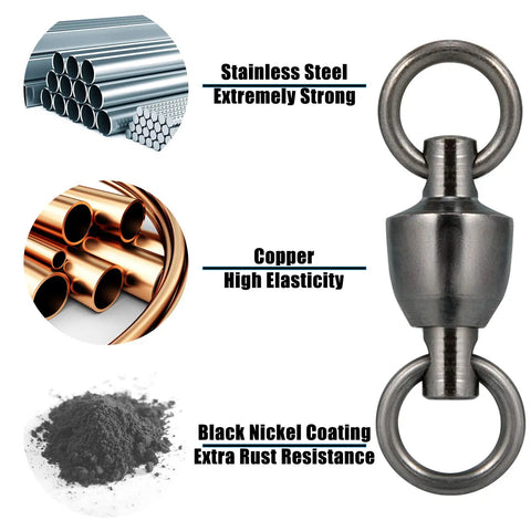 Beefed Up Heavy Duty Ball Bearing Fishing Swivels 20 Pack Stainless Steel Tackle Connectors infographic showing materials