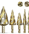 Image showing a set of Five Spiral Flute Step Drill Bits with hex shanks for metal and wood, ranging 1/8" to 1-3/8", high-speed steel.