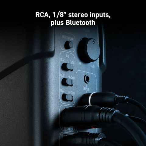 Back panel of Ultra Compact 50W Wireless Bluetooth Studio Monitors Dual Reference Speakers showing RCA and Bluetooth inputs.