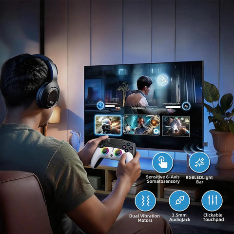 Person using Wireless Game Controller For PS5 PC iOS Mac Android And Steam Deck With Dual Vibration in a living room.